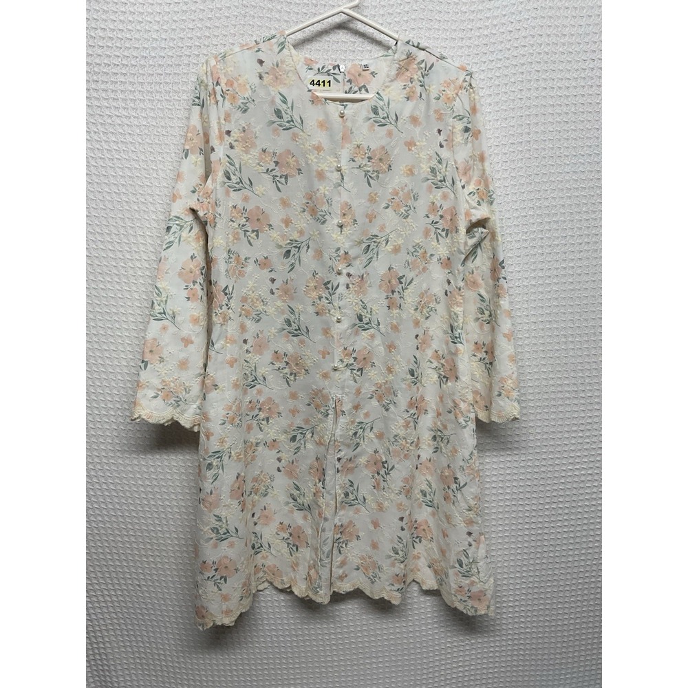 Vintage Women's XL Ivory White Embroidered Floral Dress Tunic Lace Trim Feminine